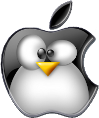 Das Linux-Maskotchen Tux als Apple MacOS X Apfel